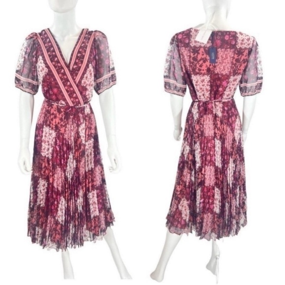 MARCHESA Notte Floral Pleated A-Line Faux Wrap Short Sleeve Midi-Dress Size 6 - Picture 5 of 12